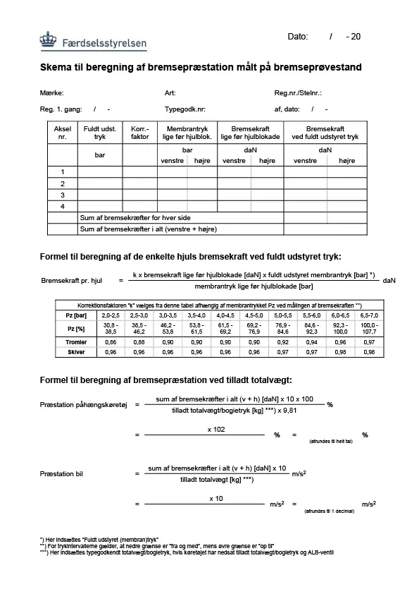 Skema til beregning af bremsepræstation målt på bremseprøvestand